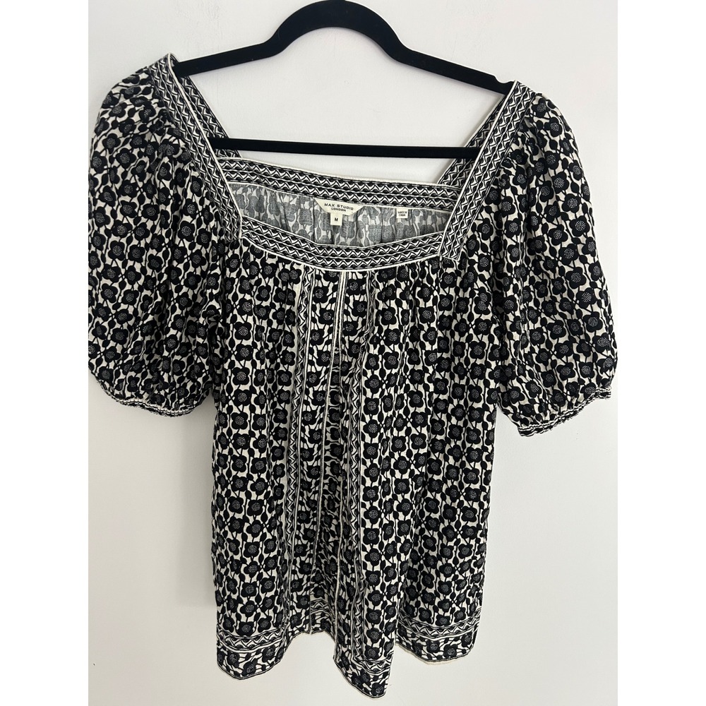 Max Studio London Black White Floral Puff Sleeve Square Neck Blouse 3710B32 M